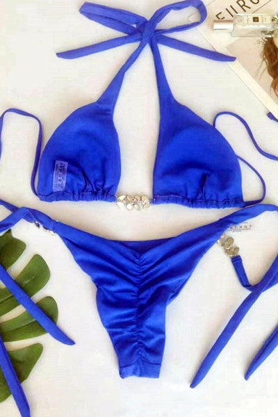 Royal Blue Rhinestone Gem Halter Cheeky Sexy 2Pc Bikini Swimsuit Set