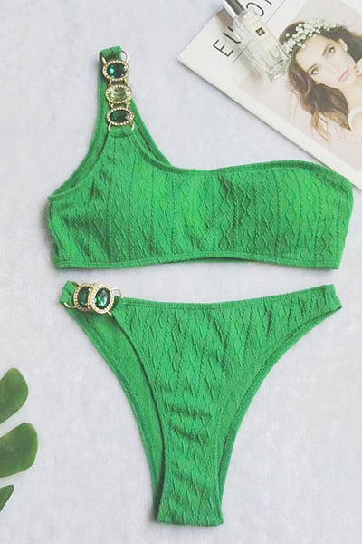 Green Rhinestone Gem One Shoulder 2Pc Bikini Sexy Swimsuit Set