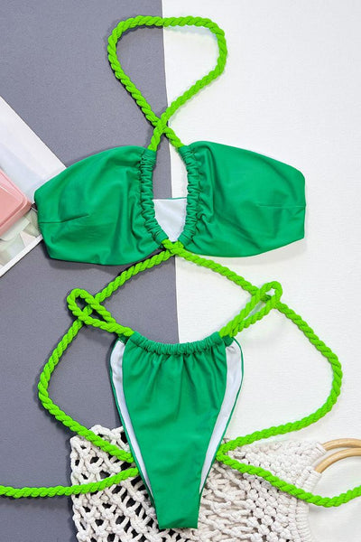 Green Rope Halter Cheeky Ruched 2Pc Sexy Swimsuit Set Bikini