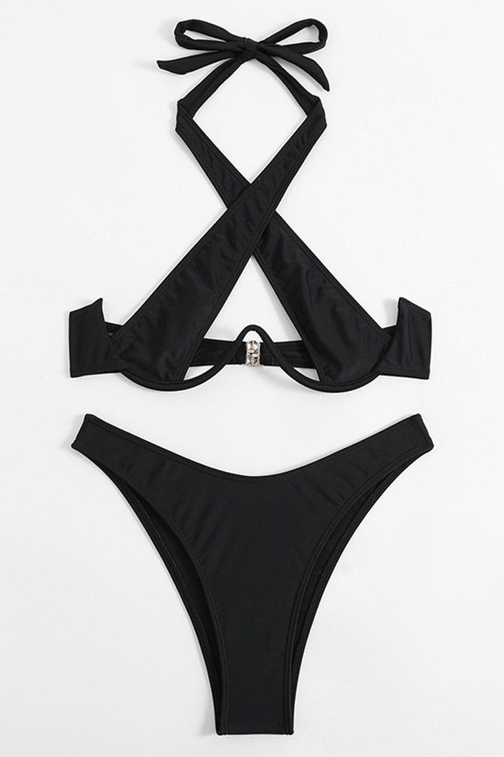 Black Ultra Sexy Wired Halter Cheeky Bottom 2Pc Bikini Swimsuit - AMIClubwear