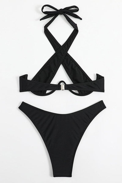 Black Ultra Sexy Wired Halter Cheeky Bottom 2Pc Bikini Swimsuit - AMIClubwear