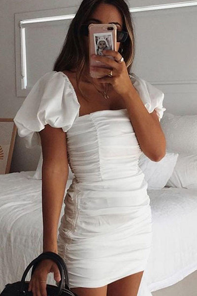 White Puff Sleeves Draw String Ruched Sexy Dress