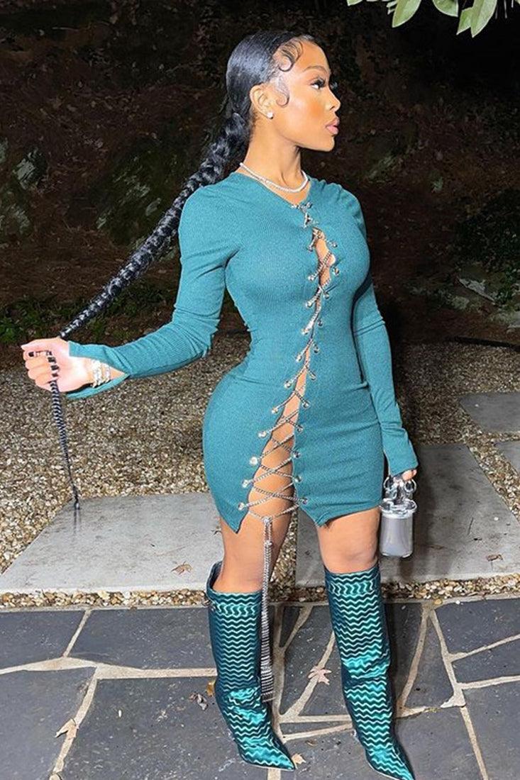 Teal Long Sleeve Slit Chain Lace Up Fitted Mini Sexy Dress - AMIClubwear