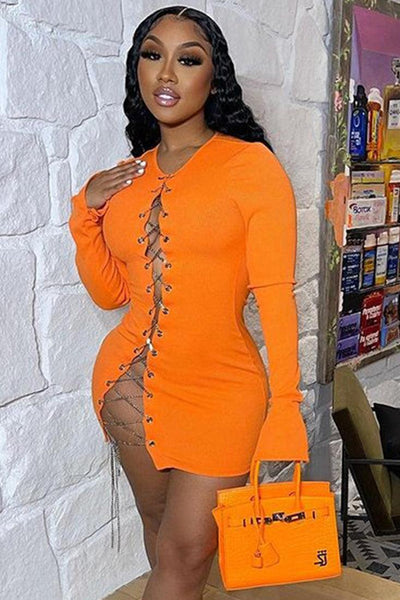 Orange Long Sleeve Slit Chain Lace Up Fitted Mini Sexy Dress - AMIClubwear
