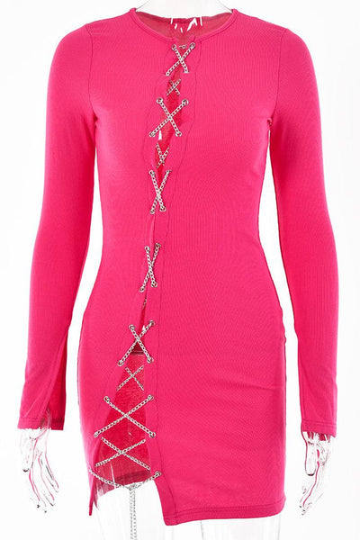 Pink Long Sleeve Slit Chain Lace Up Fitted Mini Sexy Dress - AMIClubwear