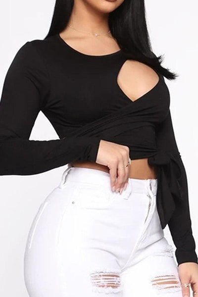 Black Long Sleeves Cut-Out Wrap Around Sexy Top