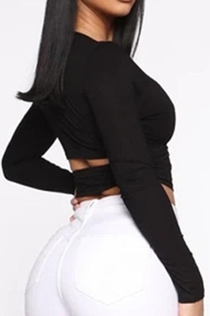 Black Long Sleeves Cut-Out Wrap Around Sexy Top - AMIClubwear