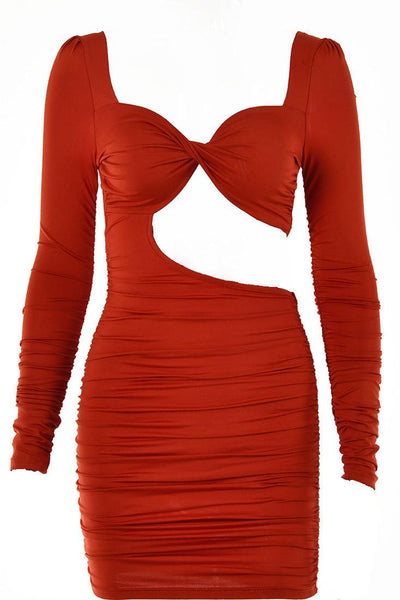 Red Long Sleeves Cut-Out Sexy Ruched Party Dress - AMIClubwear
