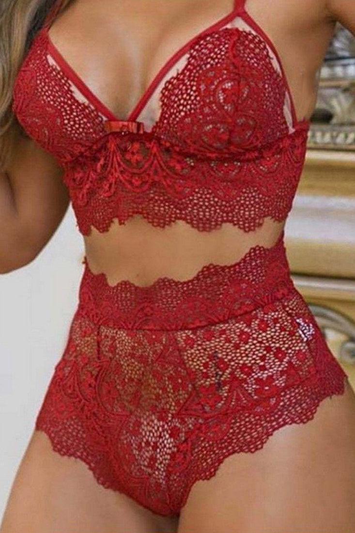 Red Lace Strappy Bra Top High Waist Boy Shorts 2Pc Lingerie Set - AMIClubwear