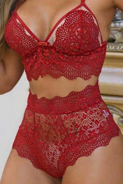 Red Lace Strappy Bra Top High Waist Boy Shorts 2Pc Lingerie Set - AMIClubwear