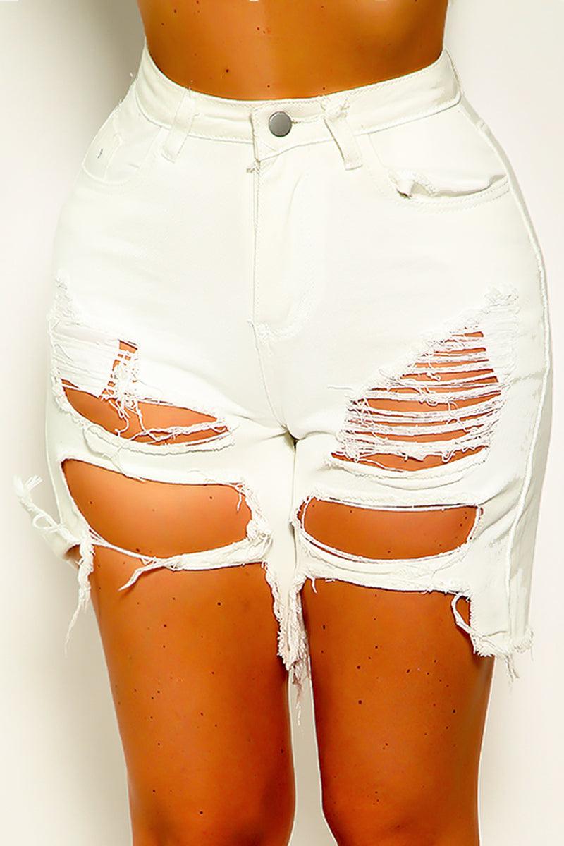White Denim Distressed Biker Length Sexy Jean Shorts