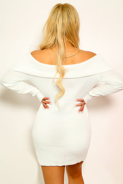 White Off The Shoulder Long Sleeve Sweater Dress
