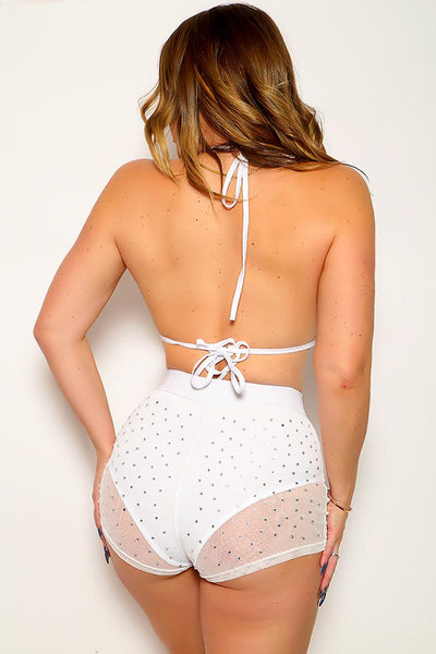 White Rhinestones Mesh 2Pc Triangle Top Shorts Outfit - AMIClubwear