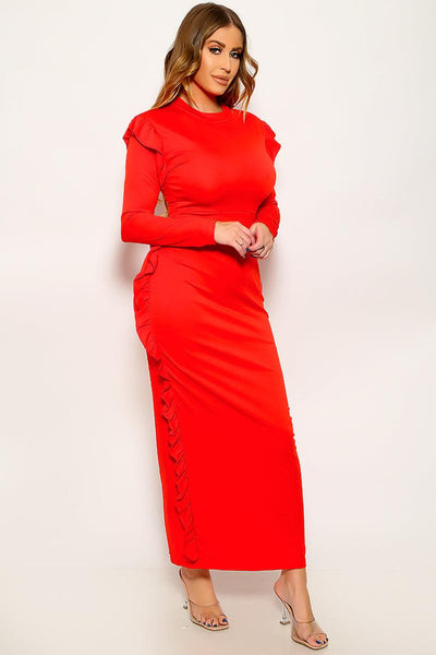 Red Ruffle Long Sleeves Back Slit Maxi Sexy Dress