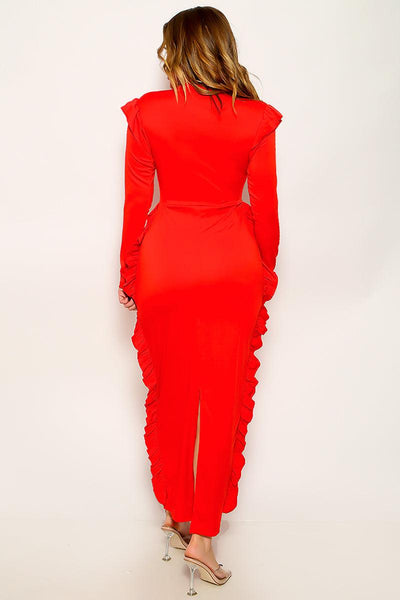 Red Ruffle Long Sleeves Back Slit Maxi Sexy Dress - AMIClubwear