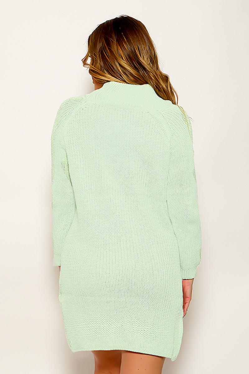 Light Green Long Sleeves Side Slit High Low Turtle Neck Sexy Sweater Dress