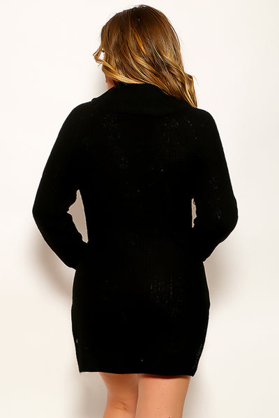 Black Long Sleeves Side Slit High Low Turtle Neck Sexy Sweater Dress
