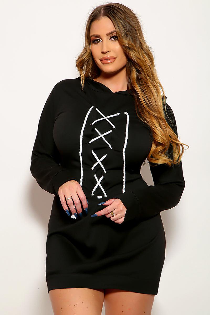Black Hooded Lace Up Sweater Sexy Dress Hoodie - AMIClubwear