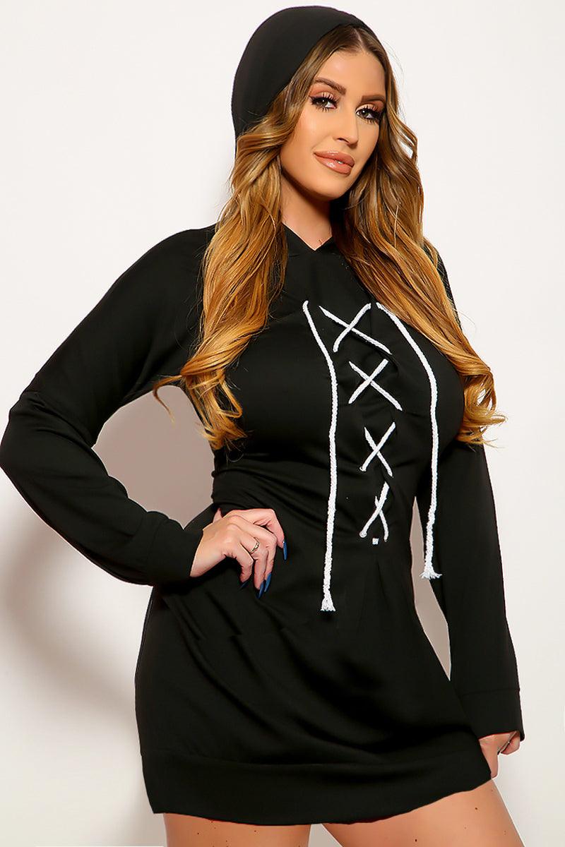 Black Hooded Lace Up Sweater Sexy Dress Hoodie - AMIClubwear