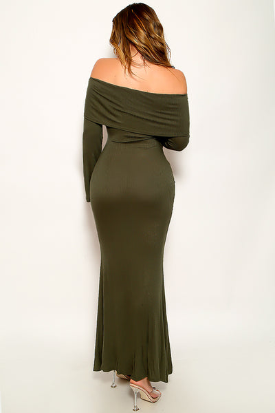 Olive Green Off The Shoulders Bell Sleeves Mermaid Maxi Dress