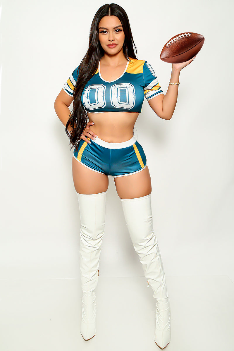Green Yellow Stretchy Fitted Crop Top Booty Shorts Sexy Football Costume Green Yellow Stretchy Fitted Crop Top Booty Shorts Sexy Football Costume