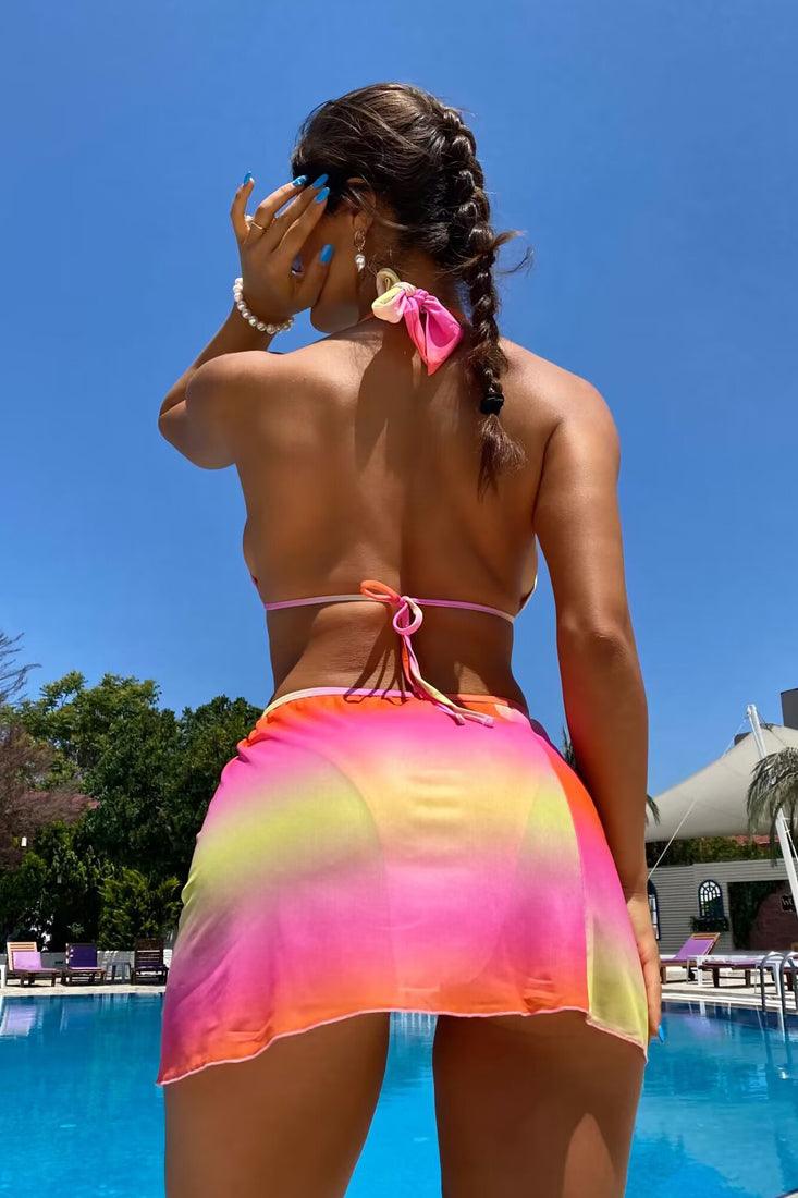 Pink Multi Tie Dye Rhinestone 3Pc Bikini Cover-Up Swimsuit Set