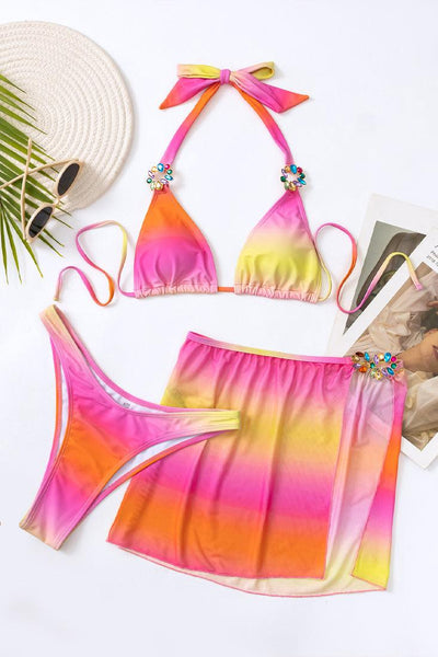 Pink Multi Tie Dye Rhinestone 3Pc Bikini Cover-Up Swimsuit Set