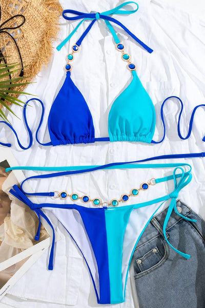 Blue Color Block Rhinestone Gem Strappy Triangle Cheeky 2Pc Swimsuit Bikini - AMIClubwear
