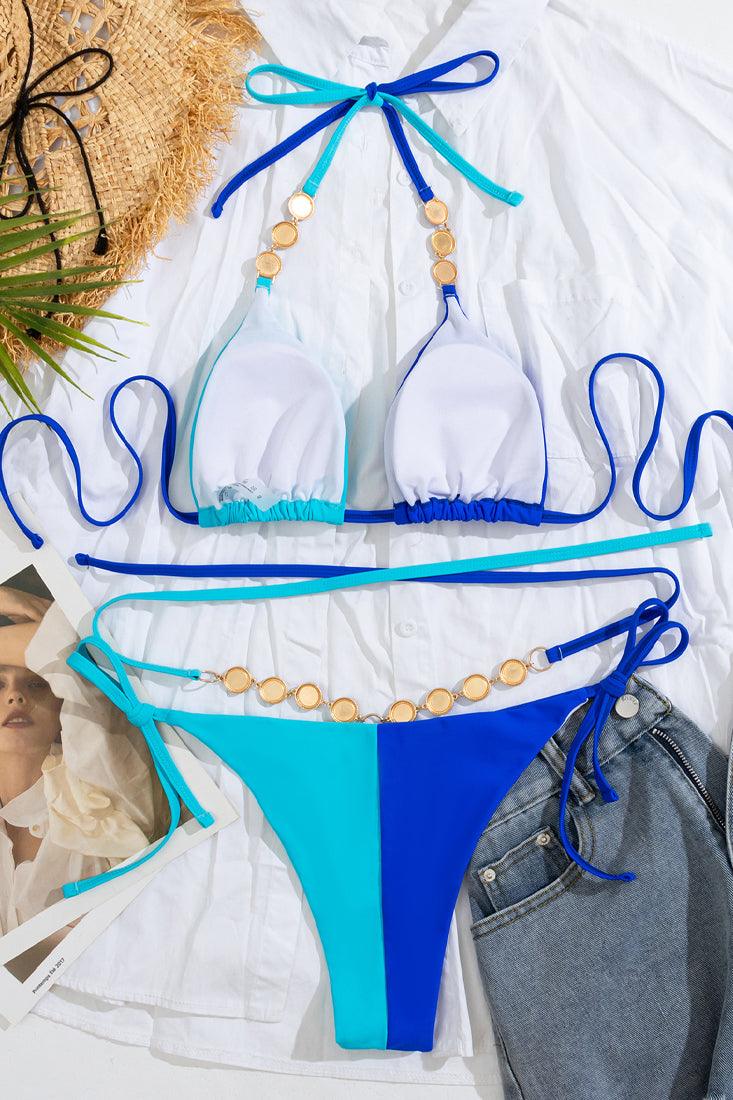 Blue Color Block Rhinestone Gem Strappy Triangle Cheeky 2Pc Swimsuit Bikini