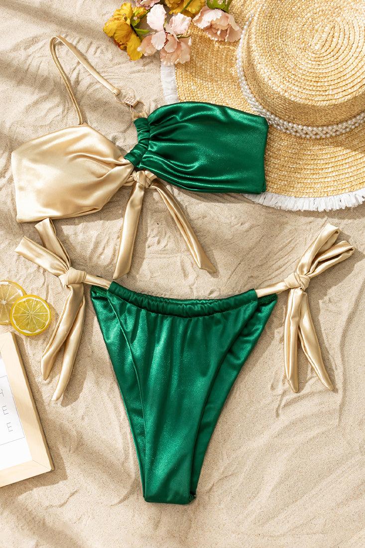 Green Gold Satin Rhinestone One Shoulder Cheeky 2Pc Bikini Swimsuit