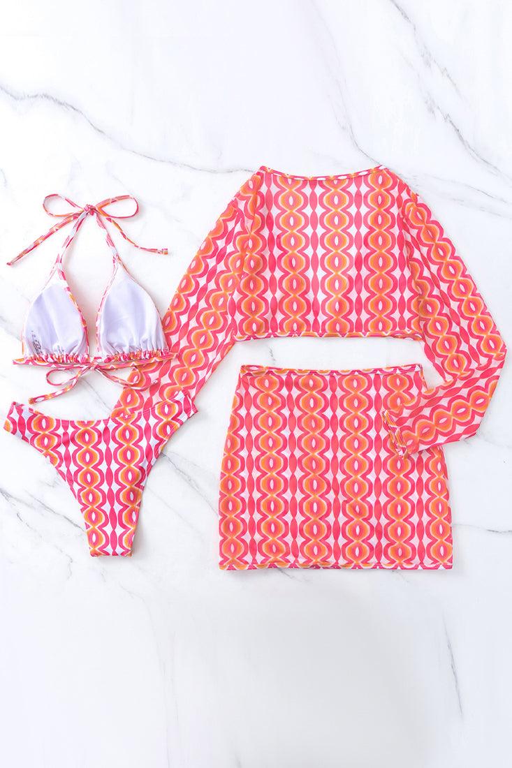 Pink Printed Triangle Cheeky Long Sleeve Top Skirt Cover-Up 4Pc Swimsuit Set - AMIClubwear