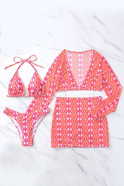 Pink Printed Triangle Cheeky Long Sleeve Top Skirt Cover-Up 4Pc Swimsuit Set