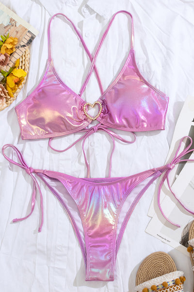 Pink Holographic Shiny Heart Rhinestone Ring Top Cheeky 2Pc Swimsuit Bikini