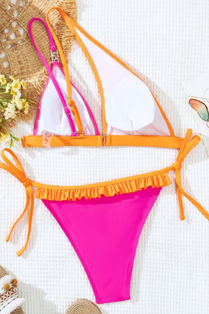 Orange Pink Rhinestone Ruffle One Shoulder Cheeky 2Pc Sexy Swimsuit Set Bikini