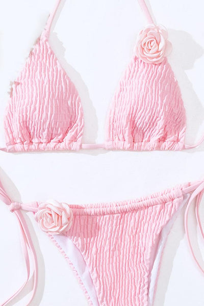 Light Pink Smocked Fabric Roses Strappy Sexy 2Pc Swimsuit Bikini