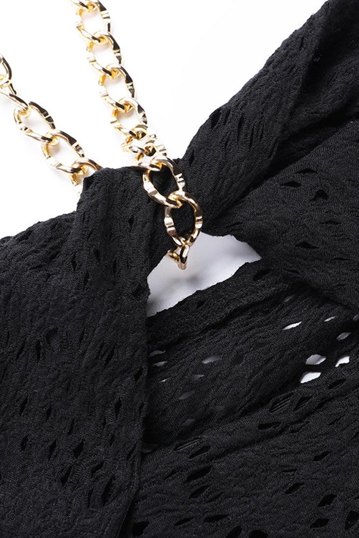 Black Crochet Gold Chain Cut-Out Sexy Dress
