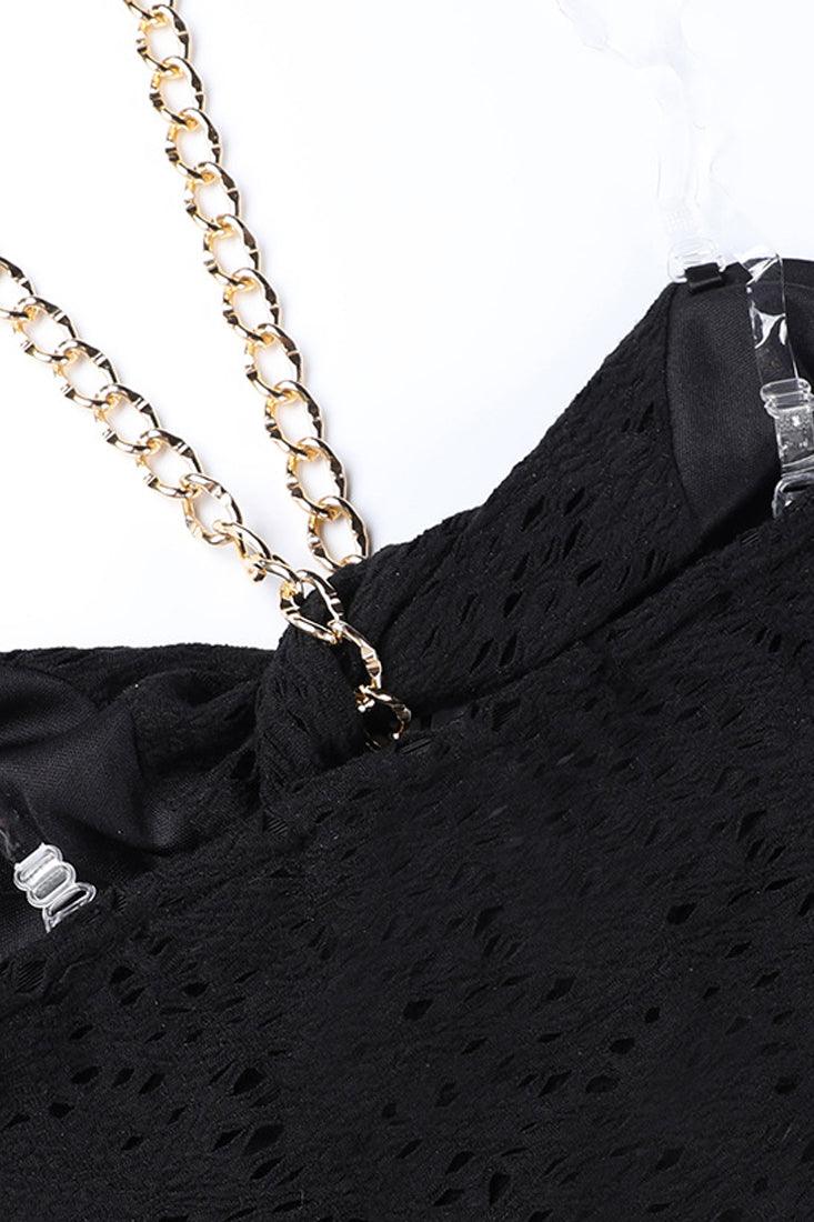 Black Crochet Gold Chain Cut-Out Sexy Dress