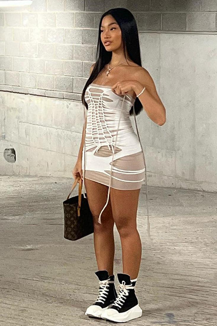 White Mesh Sheer White Braided Distressed 2 Layer Sexy Dress - AMIClubwear