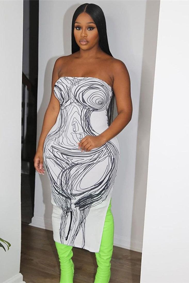 White Black Abstract Body Drawing Strapless Slit Sexy Midi Dress - AMIClubwear