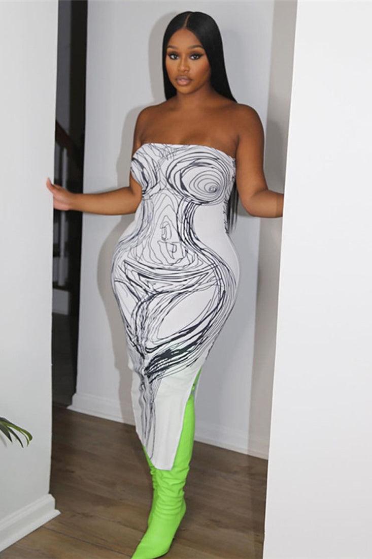 White Black Abstract Body Drawing Strapless Slit Sexy Midi Dress
