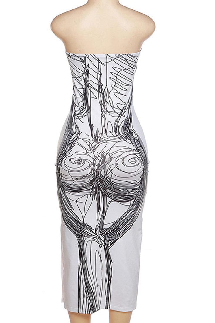 White Black Abstract Body Drawing Strapless Slit Sexy Midi Dress - AMIClubwear