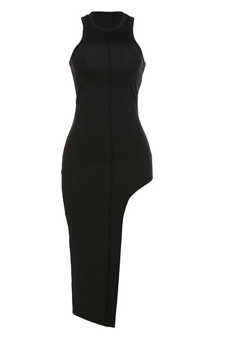 Black High Neck Sleeveless Asymmetrical Long Sexy Dress