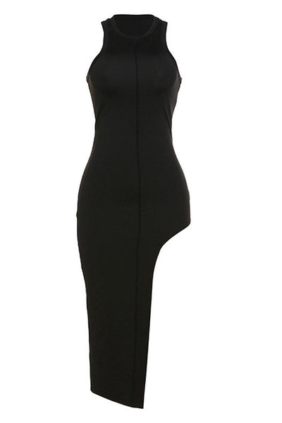 Black High Neck Sleeveless Asymmetrical Long Sexy Dress - AMIClubwear