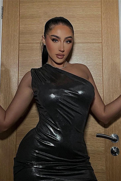 Black Shiny One Shoulder Full Length Sexy Fitted Stretchy Maxi Dress