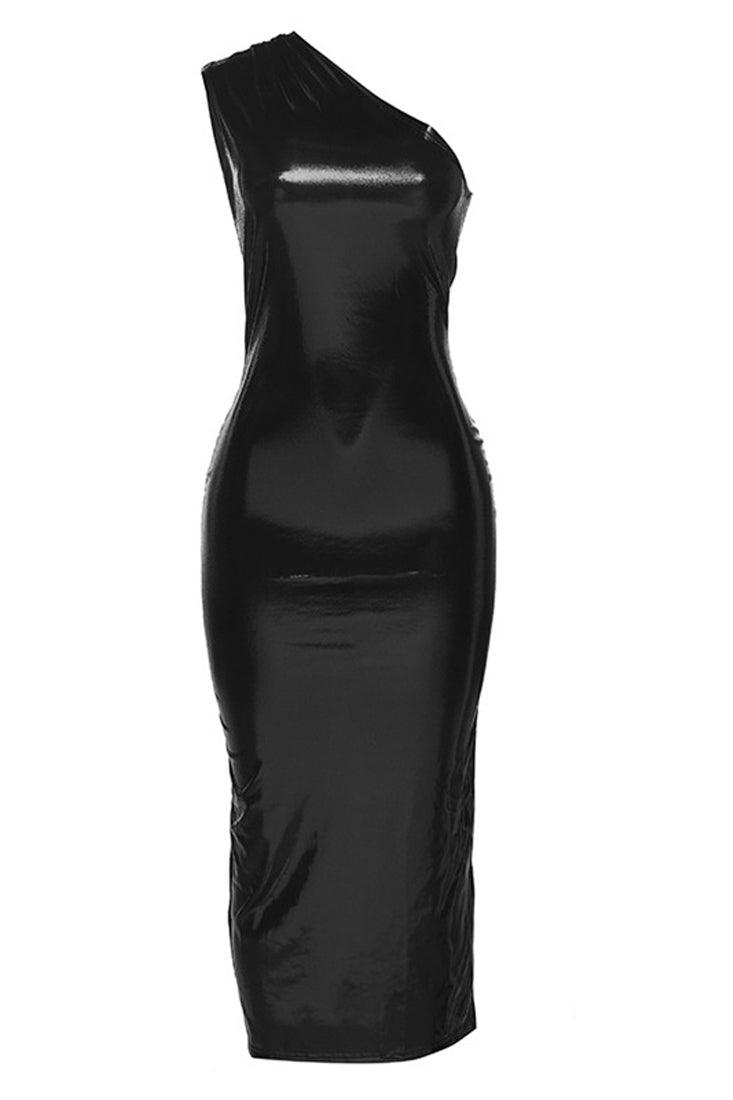 Black Shiny One Shoulder Full Length Sexy Fitted Stretchy Maxi Dress - AMIClubwear