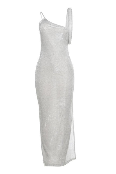 Silver Shimmer Asymmetrical 3D Side Slit Sexy Full Length Maxi Formal Dress