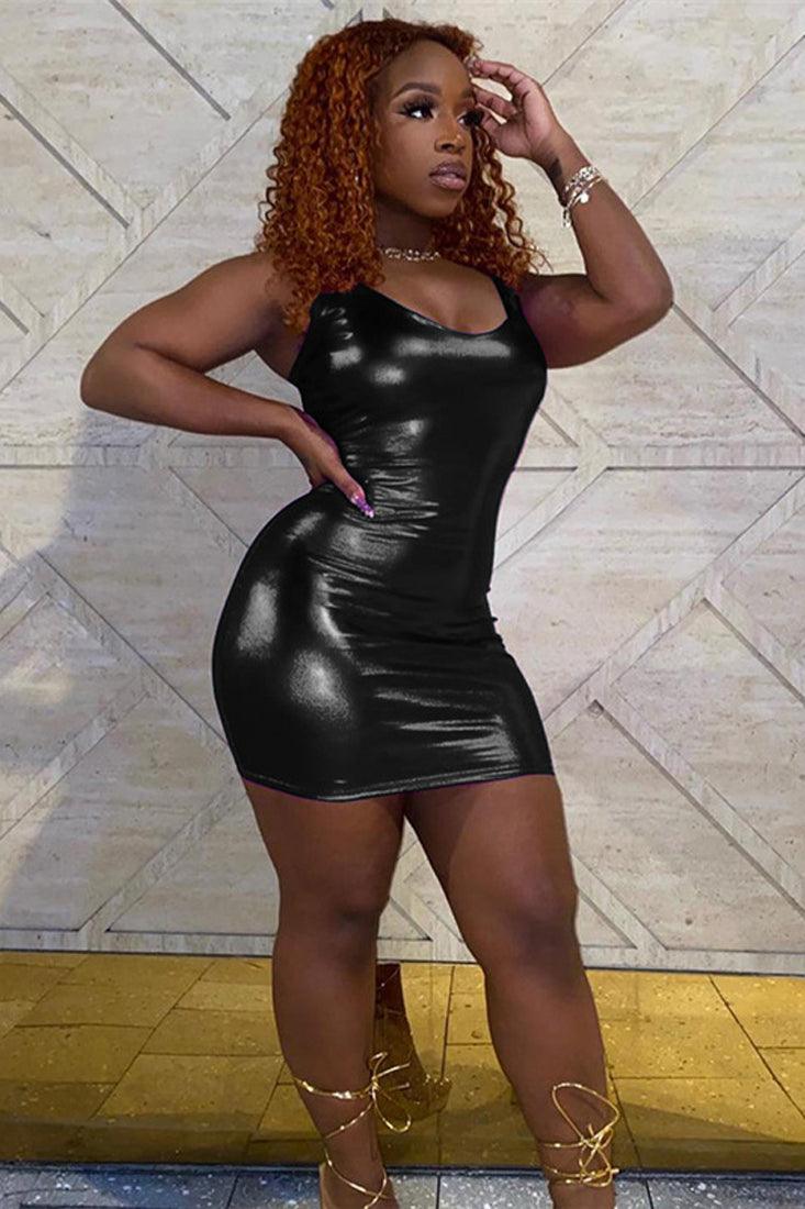 Black Metallic Halter Sexy Stretchy Fitted Mini Party Dress