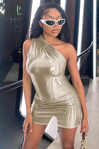 Beige Metallic One Shoulder Fitted Sexy Party Romper