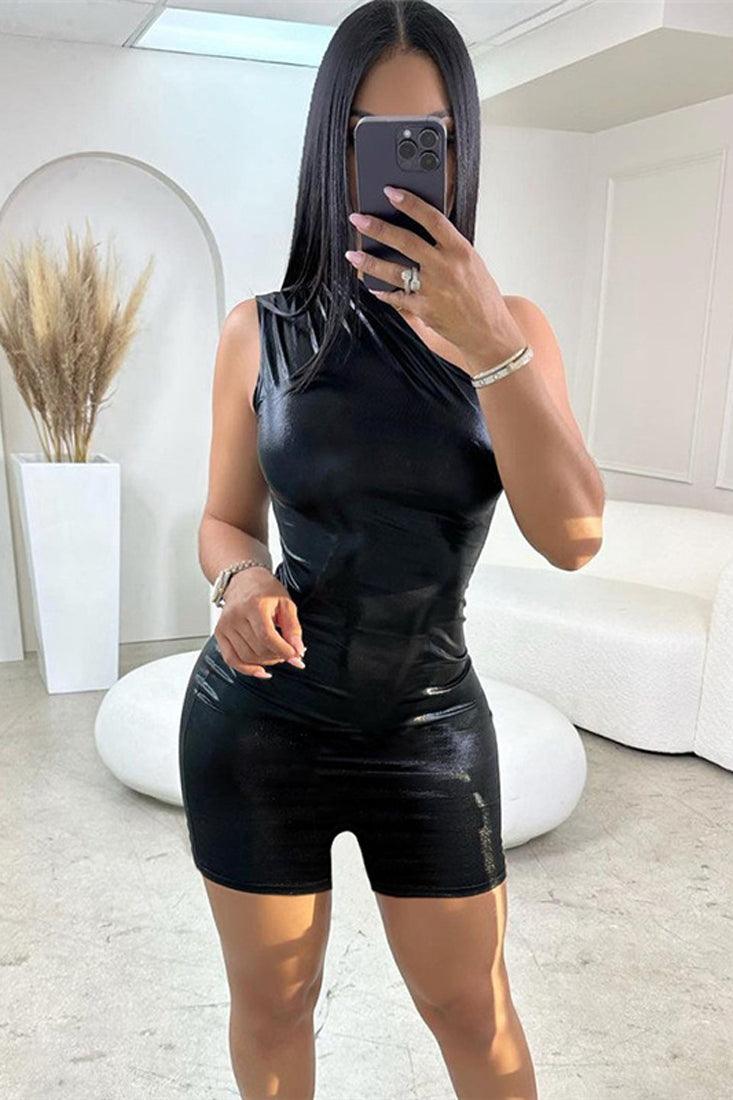 Black Metallic One Shoulder Fitted Sexy Party Romper