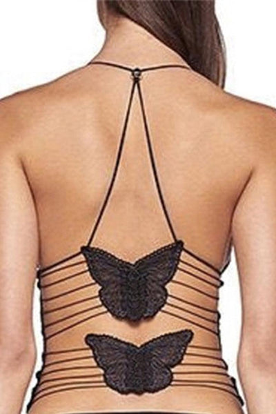 Black Mesh Strappy Butterfly Halter Sexy Crop Top - AMIClubwear